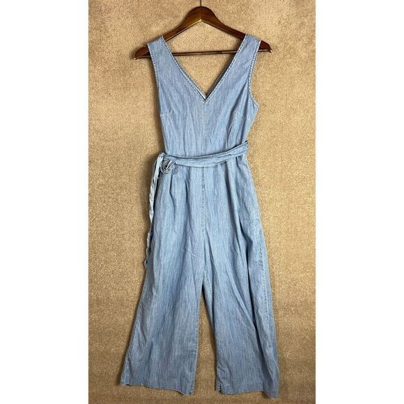 J.‎ Crew Wrap Jumpsuit Women's 4 Blue Denim Chambray Tie Waist Sleeveless V Neck - Picture 3 of 12